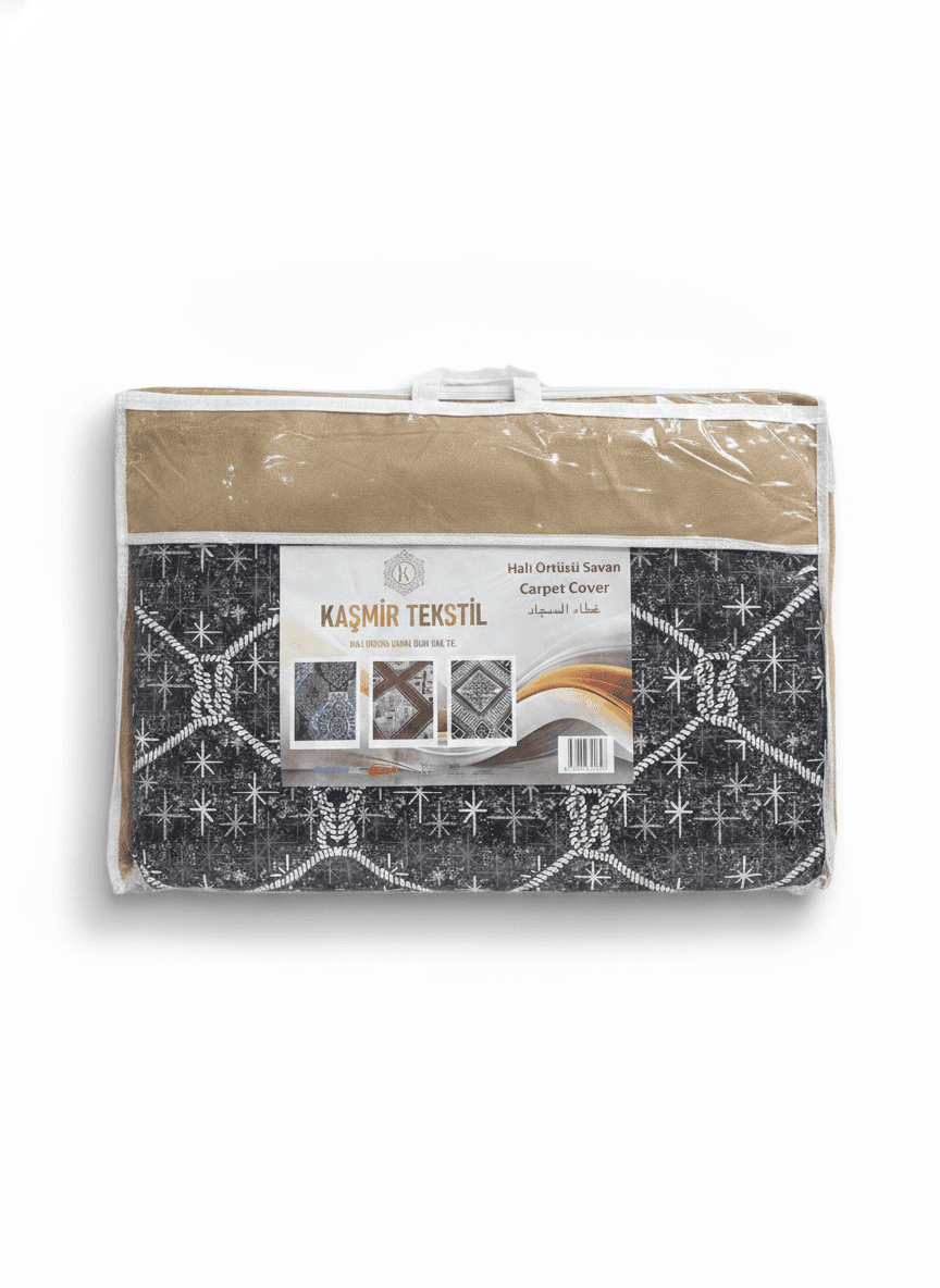 Kaşmir Tekstil Savan Halat Desenli Lastikli Halı Örtüsü Siyah